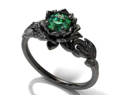 Black Rhodium Emerald Rose Style Wedding Womens Ring Unique Silver Ring For Her - Image 1 of 4