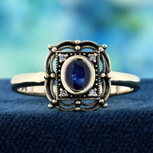 9K Yellow Gold Blue Sapphire and Diamond Vintage Style Ring - Picture 1 of 9
