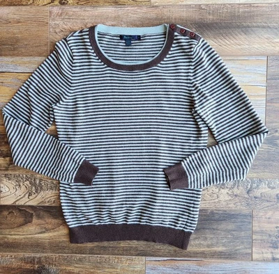 Suéter Boden Rayas Botón Hombro Algodón Mezcla Cachemira Marrón Verde Talla 14 Foto 1 de 4