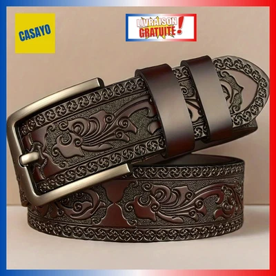 Ceinture Cuir Véritable Homme Femme Western Boucle Alliage Style Rétro Luxe - Photo 1/4