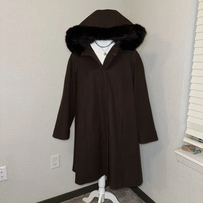 VTG Donnybrook Women's Brown Wool Rabbit Fur Trim Hooded Maxi Over Coat Size 12 - Image 1 of 4