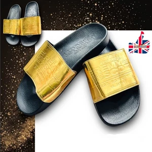 JEREMY SCOTT ADIDAS UK Size 8 Gold Logo Sliders Ladies Limited Edition Sandals - Picture 1 of 8