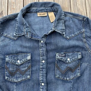 Wrangler Jeanshemd Damen Large blau Denim Druckknopf Western Rancher Rodeo mit Tasche " - Bild 1 von 14