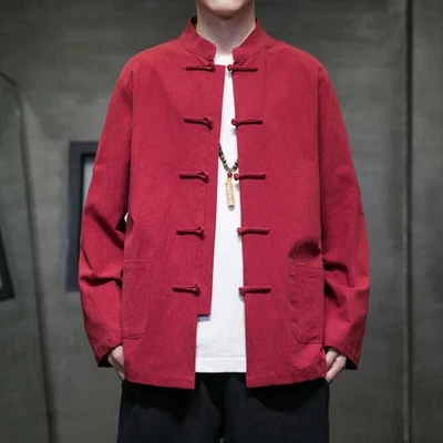 Men's Tang Suit Chinese Style Buckle Jacket Casual Long Sleeve Coat Cotton Linen - Image 1 of 4