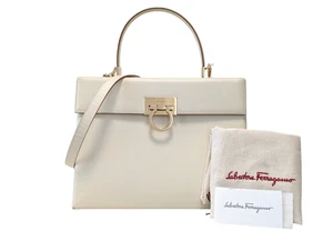 Salvatore Ferragamo Gancini Shoulder Hand Bag Purse Leather Ivory Authentic - Picture 1 of 24