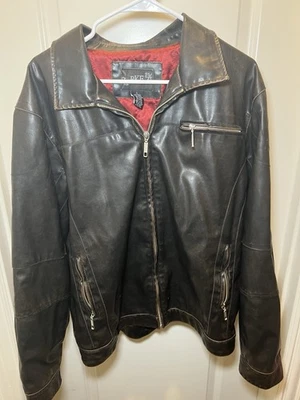 BKE Men’s Faux Leather Jacket L Brown Distressed Zip Front Red Lining Pockets - Image 1 of 4