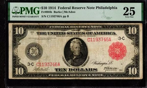 $10 1914 FRN Fr. 894b PHILADELPHIA RED SEAL Cheap Burke-McAdoo PMG VF 25 - Picture 1 of 2