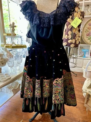 Vintage Mexican Circle Skirt Black Velvet Sequined Jewel Tones Hand Painted - Image 1 of 4