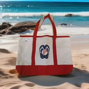 Tote Bag Nantucket Distributing - Initial P - Beach, Pool Theme - Red & Cream - Picture 1 of 6