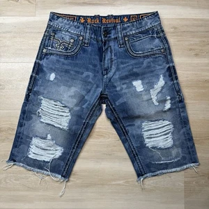 Rock Revival Kort Biker Distressed Camo Denim Shorts - Men's Size 32 - Picture 1 of 8
