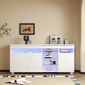Sideboard mit Glasböden und LED Licht Küchenschrank Aufbewahrungsschrank Weiß - Bild 1 von 14