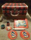 6 Pieces of Antique Children's Metal Toy Play Dishes, Red with Wooden Carry Case