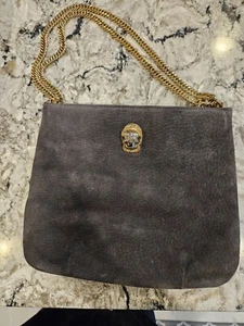Ruth Saltz Gray Suede Purse with Gold Tone Panther Head and Double Chain - Picture 1 of 6