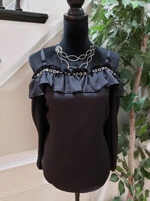 Женская блузка INC International Concepts черная с оборками с рукавами через плечо M - Изображение 1 из 4