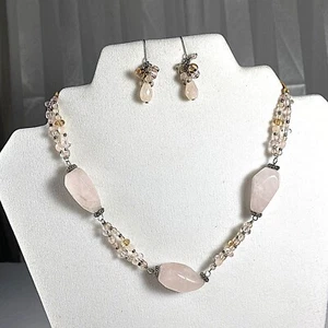Boho Nature Pale Pink Quartz & Glass Bead Gold Corded Necklace & Earrings Set - Picture 1 of 10