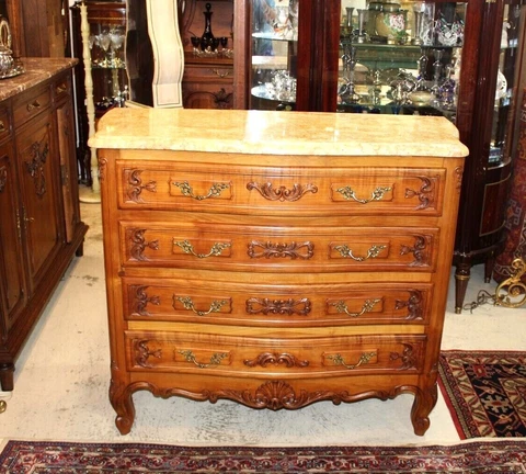 French Antique Walnut Wood Louis XV Marble Top Chest of Drawers / Dresser Cover