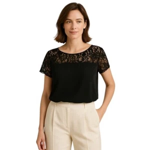 Anthropologie Maeve Blouse Womens M Black Lace Sheer Boho Summer Short Sleeve - Picture 1 of 10