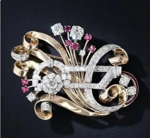 3.0Ct Round Cut Lab Created Ruby Flower Basket Brooch Pin 14K Yellow Gold Plated - Picture 1 of 5