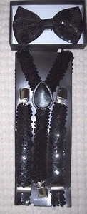 BG Black Sequin Adjustable Bow tie & Black Sequence Adjustable Suspenders Combo - Picture 1 of 1