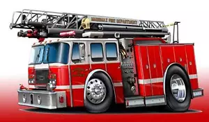 Camión de bomberos camión de escalera diseño de dibujos animados estampado artístico NUEVO - Imagen 1 de 1