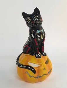 Halloween Blue Sky Clayworks Black Cat On Pumpkin Tea Light Holder New - Picture 1 of 9