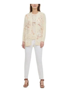 CALVIN KLEIN Womens Beige Ribbed Floral Long Sleeve Open Cardigan Top S - Picture 1 of 11