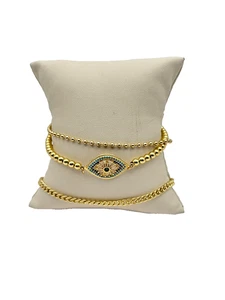 Gold Plated Evil Eye Bracelet Set – 3pc Beaded & Chain Layered Stretch Style - Picture 1 of 7