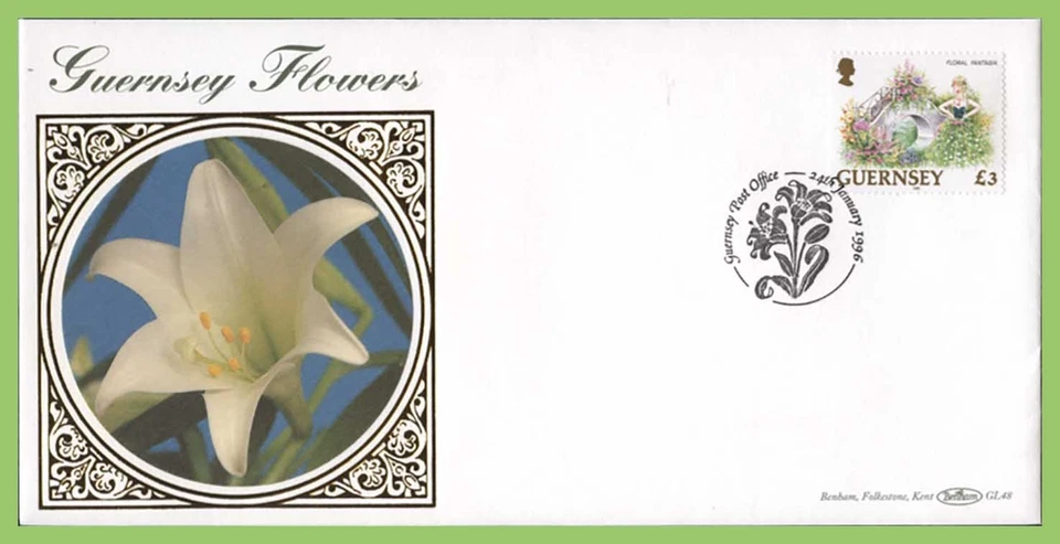 Guernsey 1996 £3 flowers definitive on Benham silk First Day Cover - Image 1 of 1