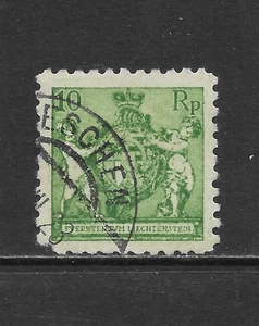 LIECHTENSTEIN SCOTT 59 USED VF - 1921 10rp YELLOW GREEN ISSUE - ARMS & SUPPORTS - Picture 1 of 2