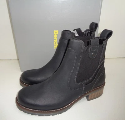 BENCH Ladies Black Leather Boots Ankle Chelsea Shoes Slip On RRP £90 UK Size 4-8