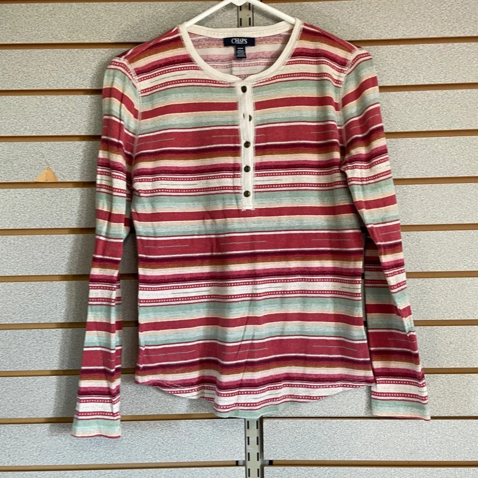 Chaps Women's Striped Henley Long Sleeve Thermal Shirt M/M Red Green White - Image 1 of 4