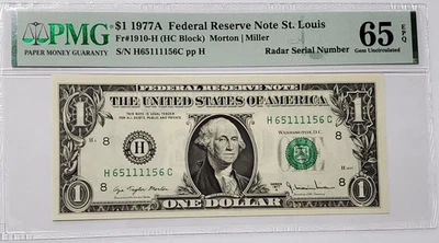 $1 Bill 1977A Fancy Serial Number PMG 65 Gem Uncirculated RADAR - H 65111156 C - Image 1 of 4