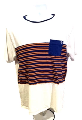 Volcom Striped Pocket T-Shirt Mens Large Navy Orange Cream Short Sleeve - Image 1 of 4