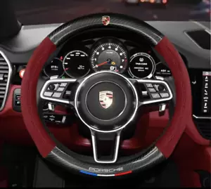 15" PU Leather+Carbon fiber Steering Wheel Cover For 1980-2025 Porsche All Cars - Picture 1 of 9