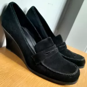 Style & Co 9.5 Black Suede Penny Loafer Wedge Heels Genuine Leather Women's 90's - Picture 1 of 8