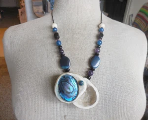 Pill Box Stash Necklace w/ Blue Abalone Shell Cruelty Free Antler Amethyst Onyx - Picture 1 of 11