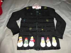 VTG NEW QUACKER FACTORY Holiday BLK EMBELLISHED CARDIGAN SWEATER CHRISTMAS SNOWM - Picture 1 of 12
