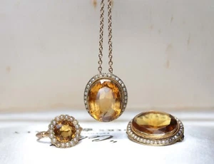 RARE VICTORIAN 9CT GOLD CITRINE & SPLIT PEARL ‘HALO’ 3 PIECE DEMI PARURE af - Picture 1 of 24