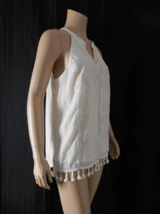 SKIES ARE BLUE Top Tunic Medium Ivory embroidery Pom Pom hem sleeveless NWT - Picture 1 of 6