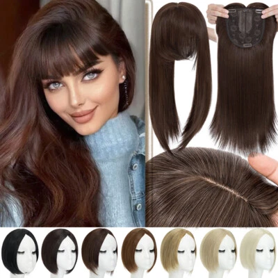 100% Real As Human Hair Clip In Topper Top Cover Women Toupee Extensions W/Bangs — 第 1/4 张图片