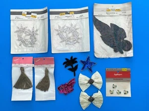  VTG BEADED SEQUINNED CLOTH APPLIQUES + SHOE CLIPS + TASSELS MOST NEW OLD STOCK - Picture 1 of 10