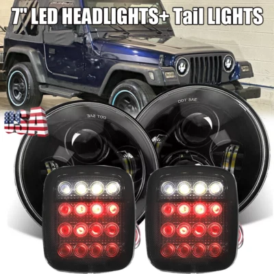 4Pcs LED Headlights High Low DRL Beam+Tail Lights Kit For 97-06 Jeep Wrangler TJ - Image 1 of 4