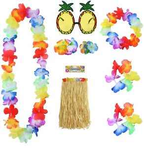 8 Pieces Hawaiian Hula Grass Skirt Pineapple Sunglasses Flower Leis Necklace Set