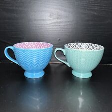 SET OF 2 Signature Housewares Footed Blue & Teal Mug/Cup Coffee-Tea 14 oz.