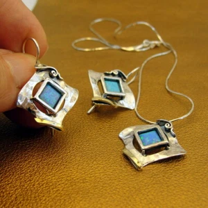 Hadar Designers Blue Opal Earrings Pendant Set Handmade 9k Gold 925 Silver (MS - Picture 1 of 10