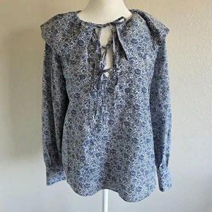 Rebecca Taylor Peasant Silk Cotton Ruffle Collar Blouse Blue Vine Floral Size XS - Picture 1 of 10
