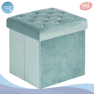Velvet Tufted Folding Storage Ottoman Cube with Removable Lid – Teal - Picture 1 of 8