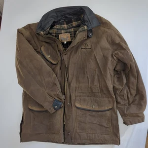 Chaqueta John Deere Para Hombres XL Marrón Lona Encerada Cuero Cuello Forrado a Cuadros Caza - Imagen 1 de 8