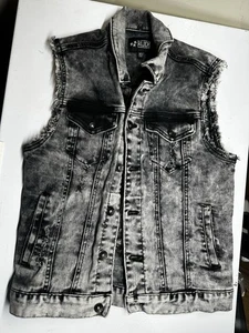 XXX Rude Hot Topic Herren XS Denim Jeansweste grau schwarz distressed Grunge Knöpfe - Bild 1 von 3
