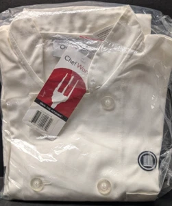 Chef Works Mens Le Mans Chef Coat White New w/ Tags SIZE M w/Logo Chef's Academy - Picture 1 of 2